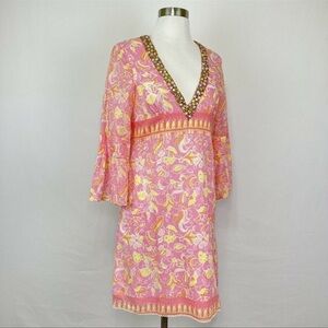 Tibi Dresses Tibi V-Neck Long Sleeved Print Dress Beade
